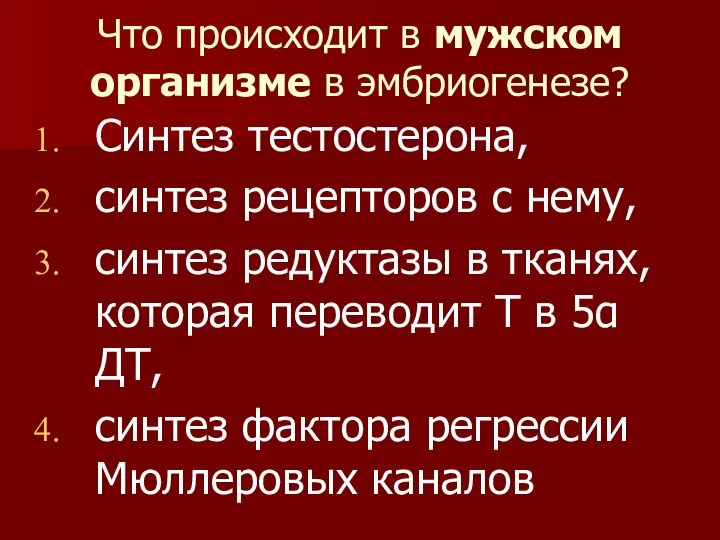 Что происходит в мужском организме в эмбриогенезе? Синтез тестостерона, синтез рецепторов