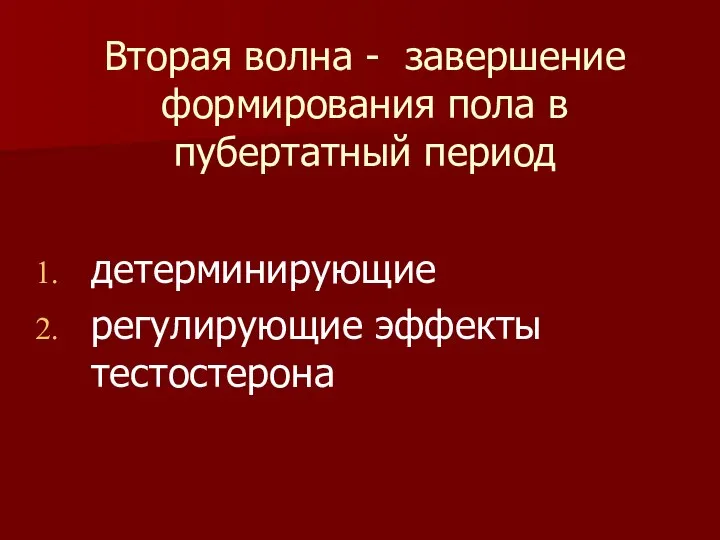 Вторая волна - завершение формирования пола в пубертатный период детерминирующие регулирующие эффекты тестостерона