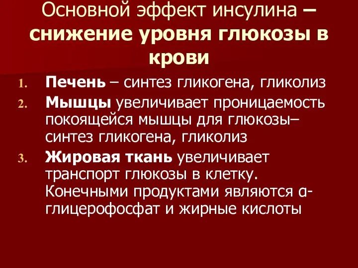 Основной эффект инсулина – снижение уровня глюкозы в крови Печень –