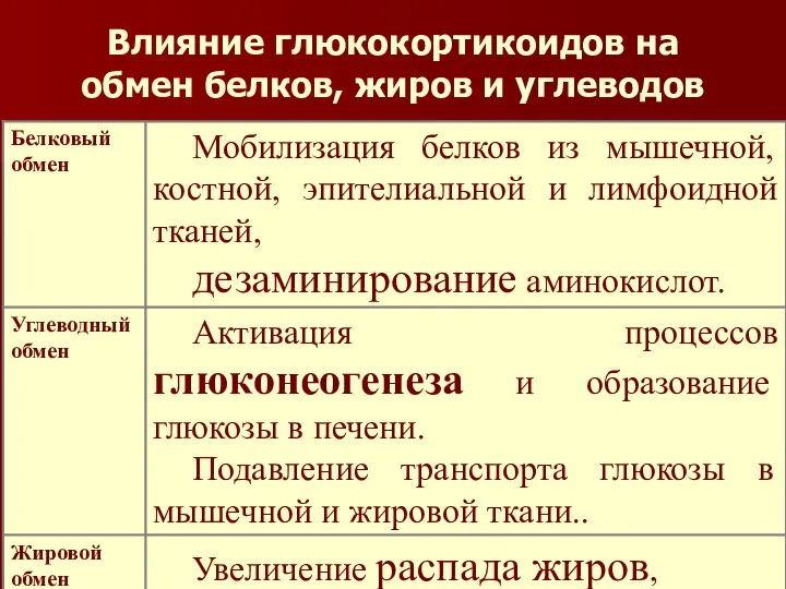 Влияние глюкокортикоидов на обмен белков, жиров и углеводов