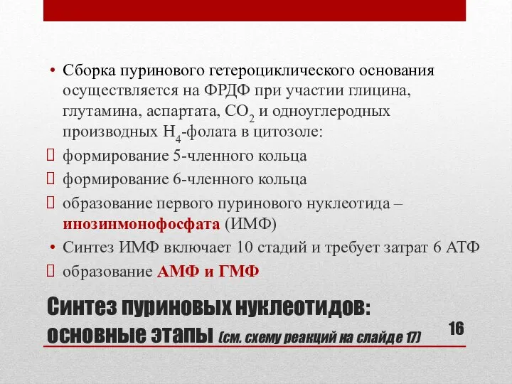 Синтез пуриновых нуклеотидов: основные этапы (см. схему реакций на слайде 17)