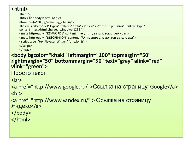 Тег body в html Просто текст Ссылка на страницу Google Ссылка на страницу Яндекс