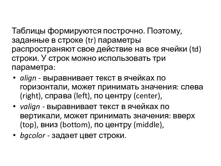 Таблицы формируются построчно. Поэтому, заданные в строке (tr) параметры распространяют свое