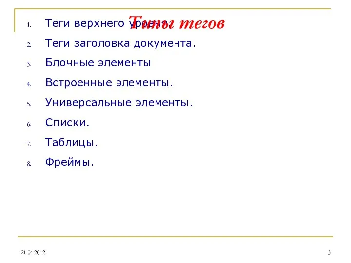 Теги верхнего уровня. Теги заголовка документа. Блочные элементы Встроенные элементы. Универсальные