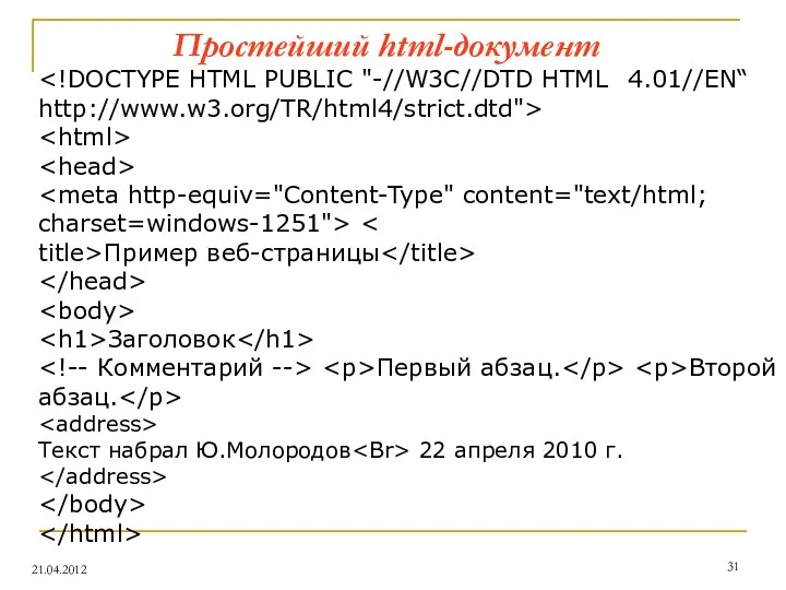 Простейший html-документ 21.04.2012 title>Пример веб-страницы Заголовок Первый абзац. Второй абзац. Текст