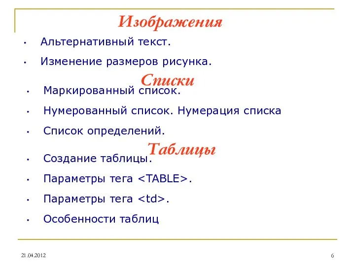 21.04.2012 Изображения Альтернативный текст. Изменение размеров рисунка. Списки Маркированный список. Нумерованный