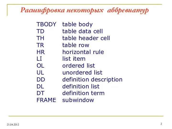 Расшифровка некоторых аббревиатур 21.04.2012 TBODY table body TD table data cell