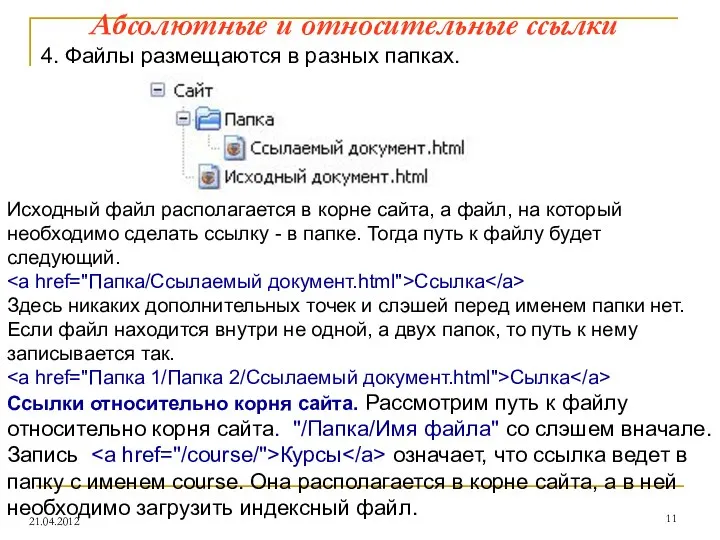 Абсолютные и относительные ссылки 21.04.2012 4. Файлы размещаются в разных папках.