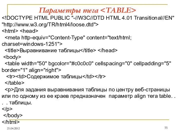 Параметры тега 21.04.2012 Выравнивание таблицы Содержимое таблицы Для задания выравнивания таблицы