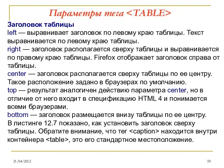 21/04/2012 Параметры тега Заголовок таблицы left — выравнивает заголовок по левому