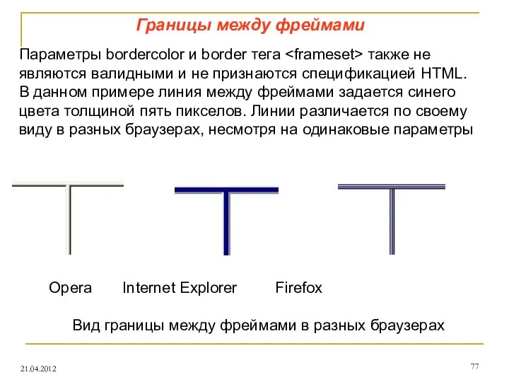 Границы между фреймами 21.04.2012 Параметры bordercolor и border тега также не