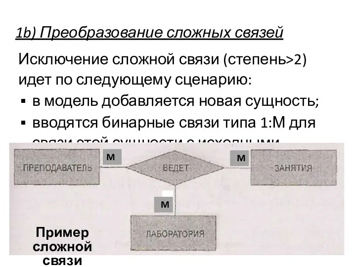 1b) Преобразование сложных связей Исключение сложной связи (степень>2) идет по следующему