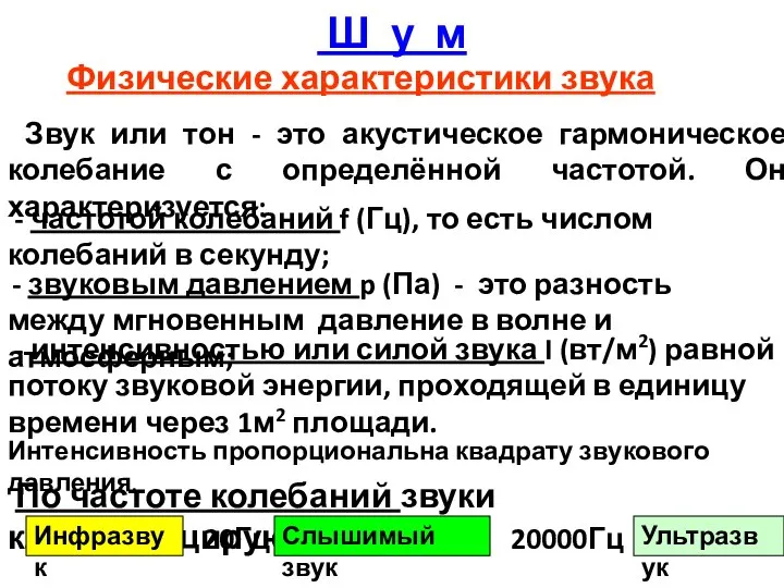 Ш у м Физические характеристики звука Звук или тон - это