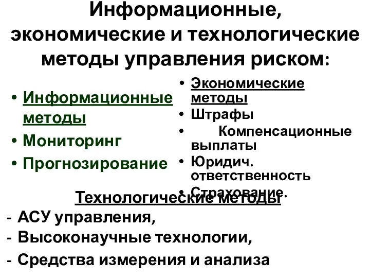 Информационные, экономические и технологические методы управления риском: Информационные методы Мониторинг Прогнозирование