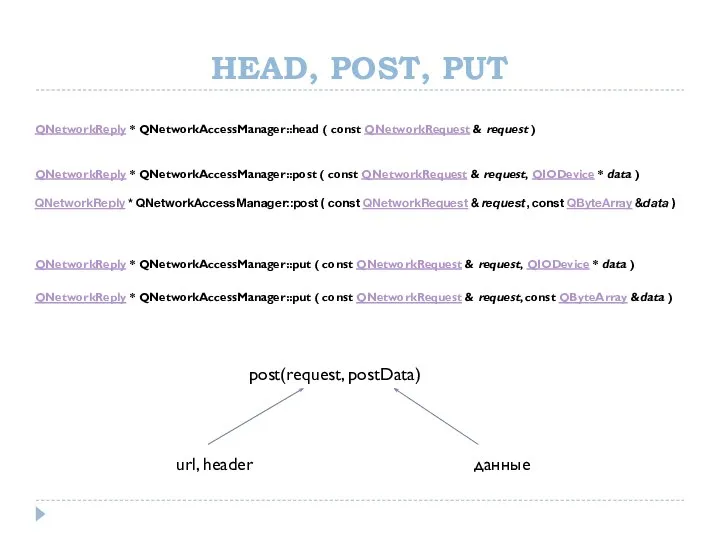 HEAD, POST, PUT QNetworkReply * QNetworkAccessManager::head ( const QNetworkRequest & request