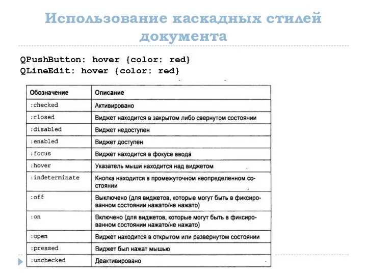 Использование каскадных стилей документа QPushButton: hover {color: red} QLineEdit: hover {color: red}