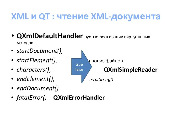 XML и QT : чтение XML-документа QXmlDefaultHandler пустые реализации виртуальных методов