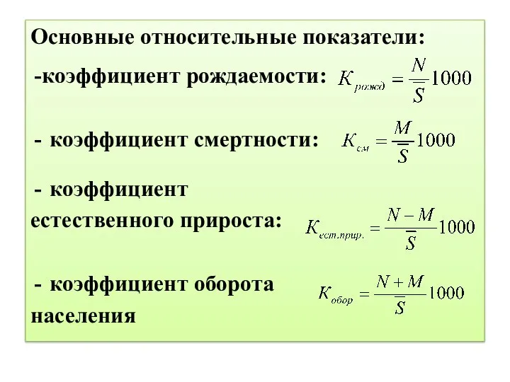 Основные относительные показатели: коэффициент рождаемости: коэффициент смертности: коэффициент естественного прироста: коэффициент оборота населения