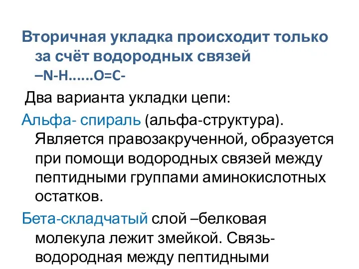 Вторичная укладка происходит только за счёт водородных связей –N-H......O=C- Два варианта