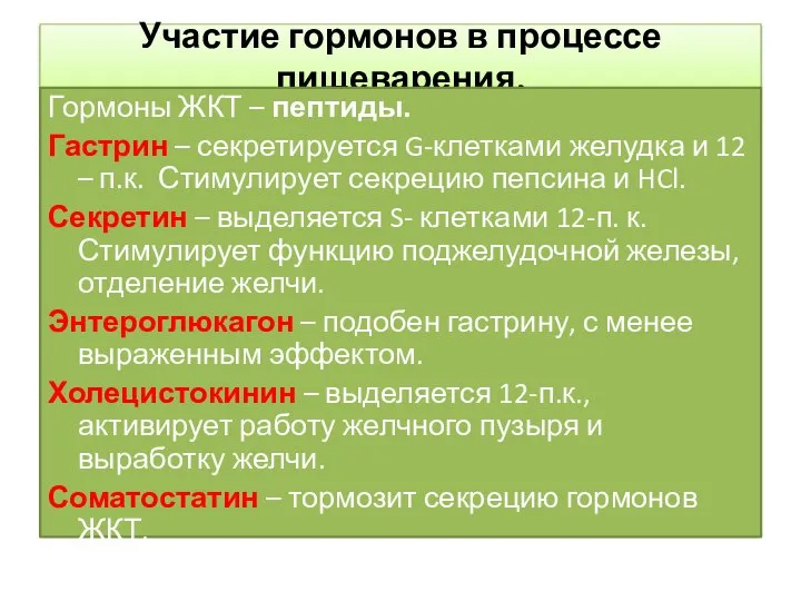 Участие гормонов в процессе пищеварения. Гормоны ЖКТ – пептиды. Гастрин –