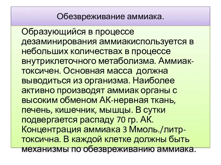 Обезвреживание аммиака. Образующийся в процессе дезаминирования аммиакиспользуется в небольших количествах в