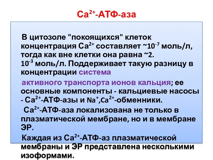 Са2+-АТФ-аза В цитозоле "покоящихся" клеток концентрация Са2+ составляет ~10-7 моль/л, тогда