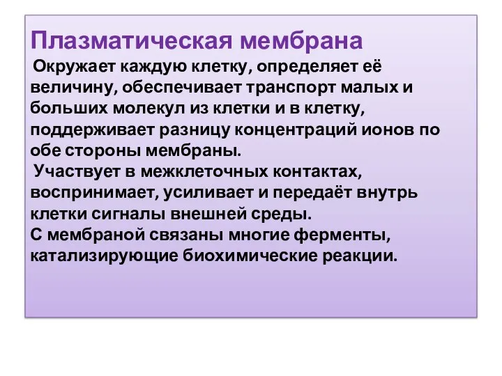 Плазматическая мембрана Окружает каждую клетку, определяет её величину, обеспечивает транспорт малых