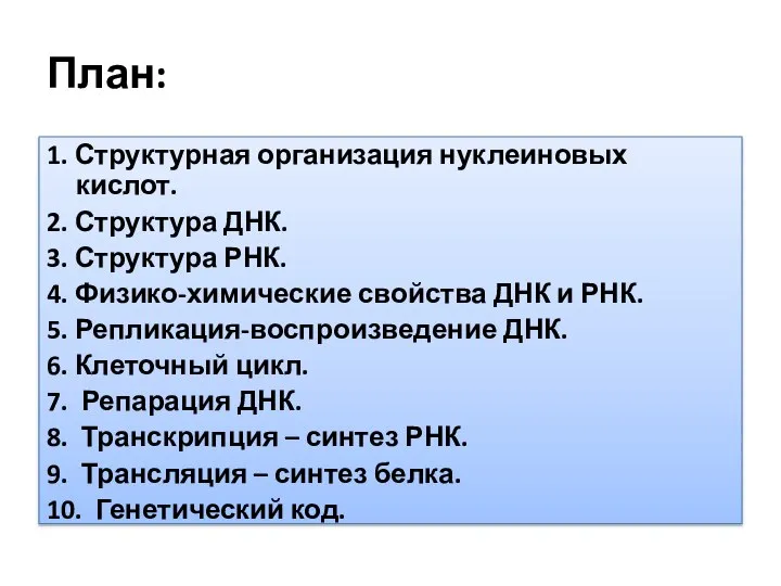 План: 1. Структурная организация нуклеиновых кислот. 2. Структура ДНК. 3. Структура