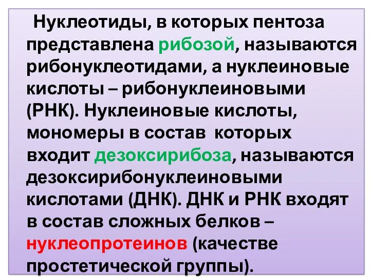 Нуклеотиды, в которых пентоза представлена рибозой, называются рибонуклеотидами, а нуклеиновые кислоты