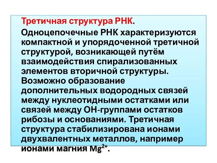 Третичная структура РНК. Одноцепочечные РНК характеризуются компактной и упорядоченной третичной структурой,