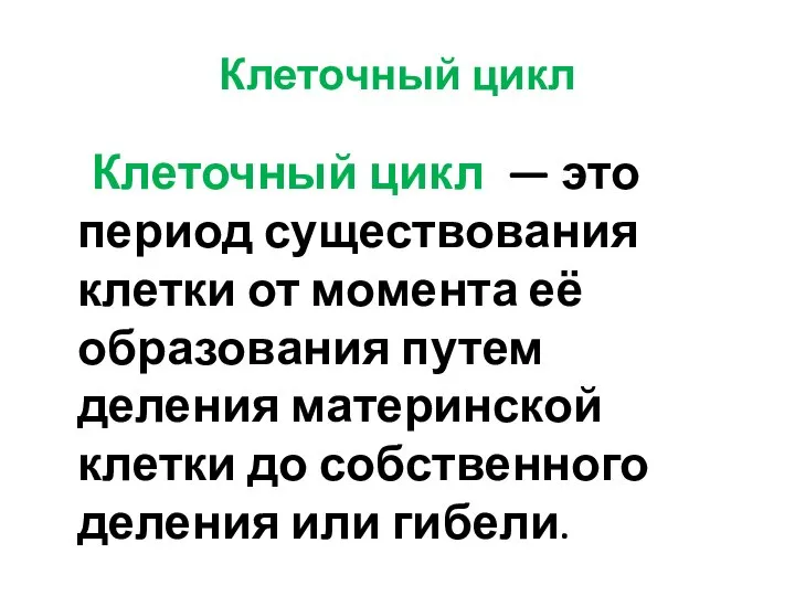 Клеточный цикл Клеточный цикл — это период существования клетки от момента