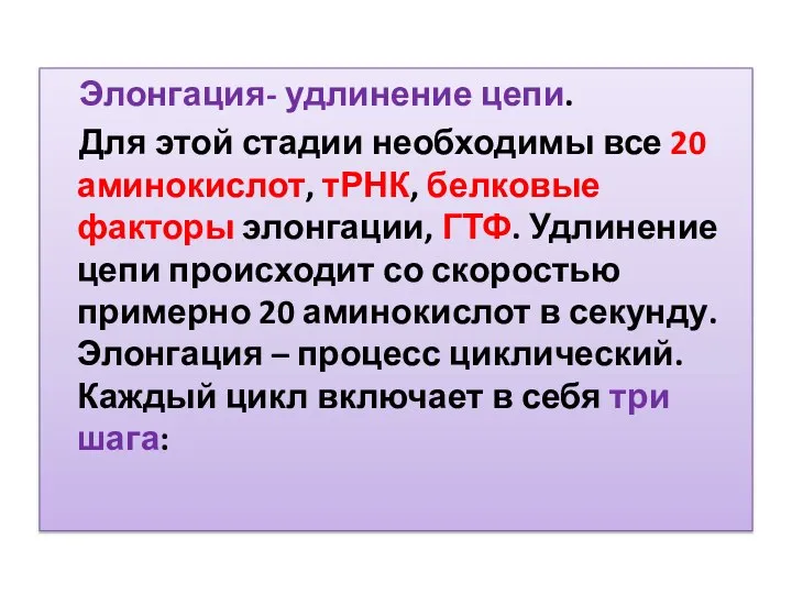 Элонгация- удлинение цепи. Для этой стадии необходимы все 20 аминокислот, тРНК,