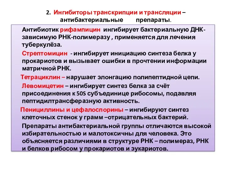 2. Ингибиторы транскрипции и трансляции – антибактериальные препараты. Антибиотик рифампицин ингибирует