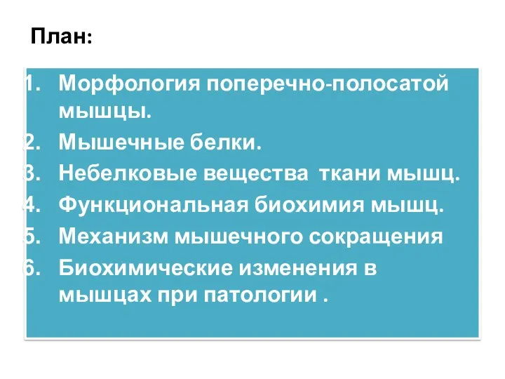 План: Морфология поперечно-полосатой мышцы. Мышечные белки. Небелковые вещества ткани мышц. Функциональная