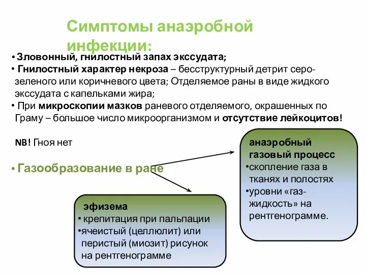 Симптомы анаэробной инфекции: Зловонный, гнилостный запах экссудата; Гнилостный характер некроза –