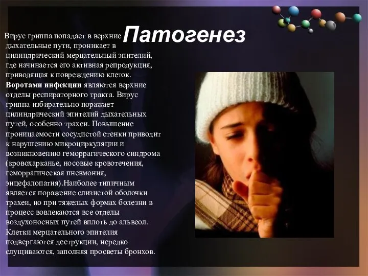 Патогенез Вирус гриппа попадает в верхние дыхательные пути, проникает в цилиндрический