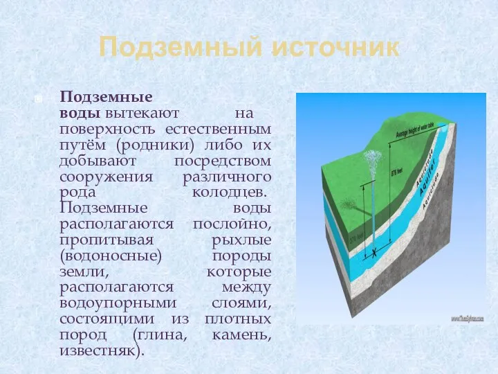 Подземный источник Подземные воды вытекают на поверхность естественным путём (родники) либо