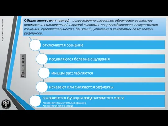 Общая и местная анестезия Общая анестезия (наркоз) - искусственно вызванное обратимое