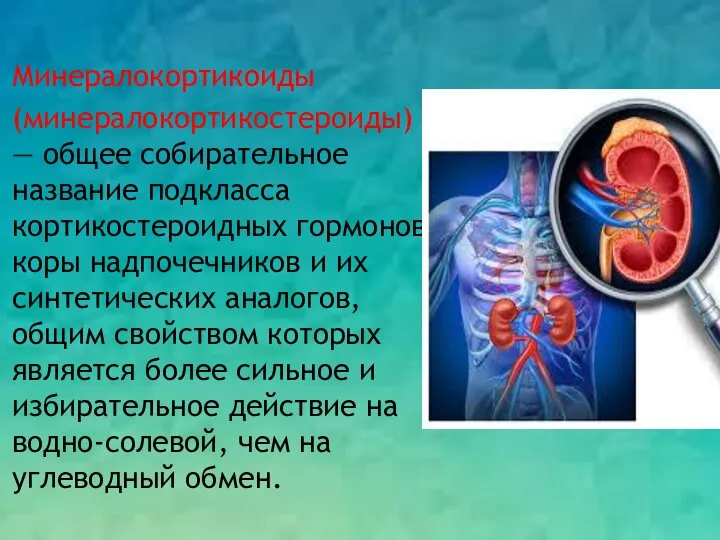 Минералокортикоиды (минералокортикостероиды) — общее собирательное название подкласса кортикостероидных гормонов коры надпочечников