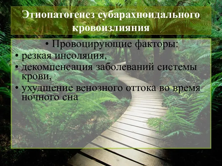 Этиопатогенез субарахноидального кровоизлияния Провоцирующие факторы: резкая инсоляция, декомпенсация заболеваний системы крови,