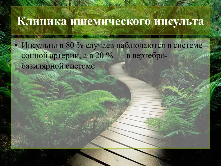 Клиника ишемического инсульта Инсульты в 80 % случаев наблюдаются в системе