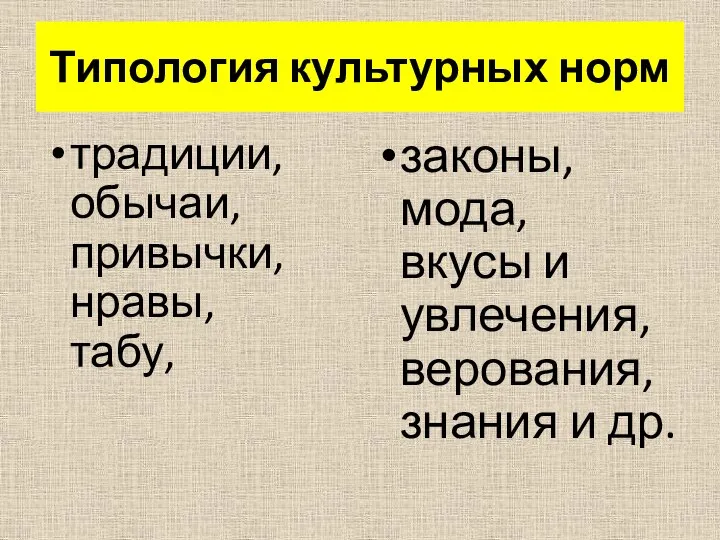 Типология культурных норм традиции, обычаи, привычки, нравы, табу, законы, мода, вкусы