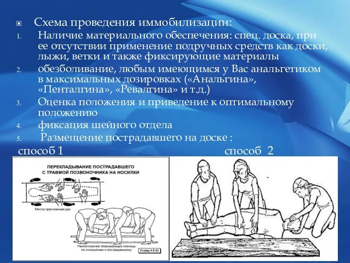 Схема проведения иммобилизации: Наличие материального обеспечения: спец. доска, при ее отсутствии