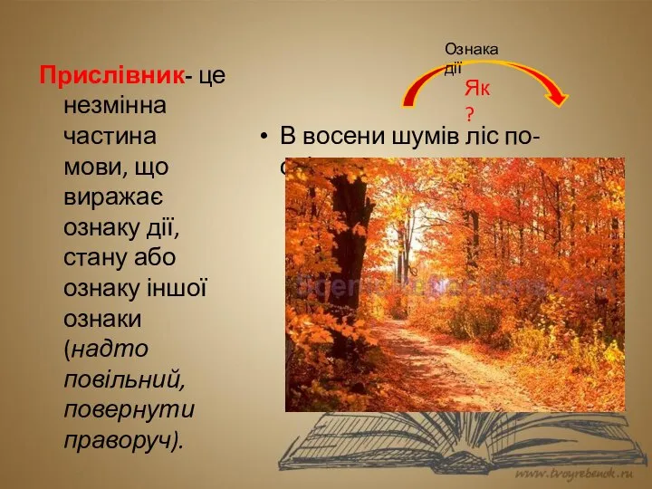 Прислівник- це незмінна частина мови, що виражає ознаку дії, стану або