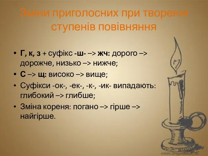 Зміни приголосних при творенні ступенів повівняння Г, к, з + суфікс