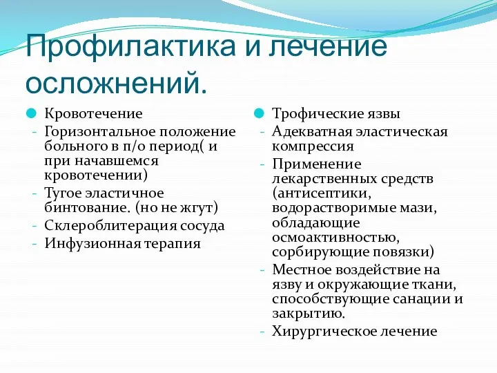 Профилактика и лечение осложнений. Кровотечение Горизонтальное положение больного в п/о период(