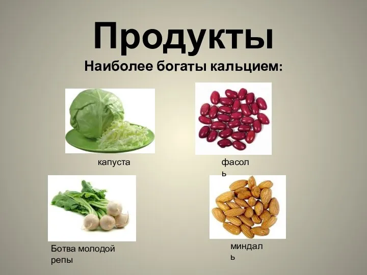 Продукты Наиболее богаты кальцием: капуста Ботва молодой репы фасоль миндаль