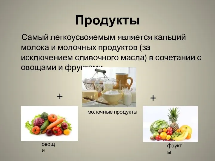 Продукты Самый легкоусвояемым является кальций молока и молочных продуктов (за исключением