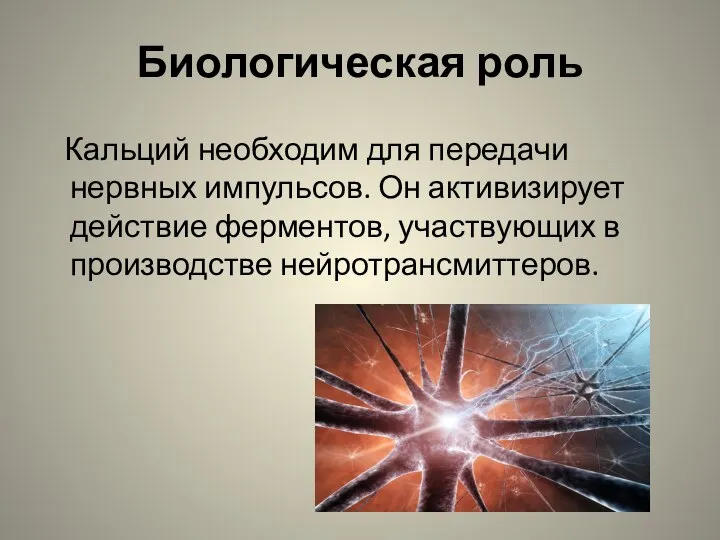 Биологическая роль Кальций необходим для передачи нервных импульсов. Он активизирует действие ферментов, участвующих в производстве нейротрансмиттеров.