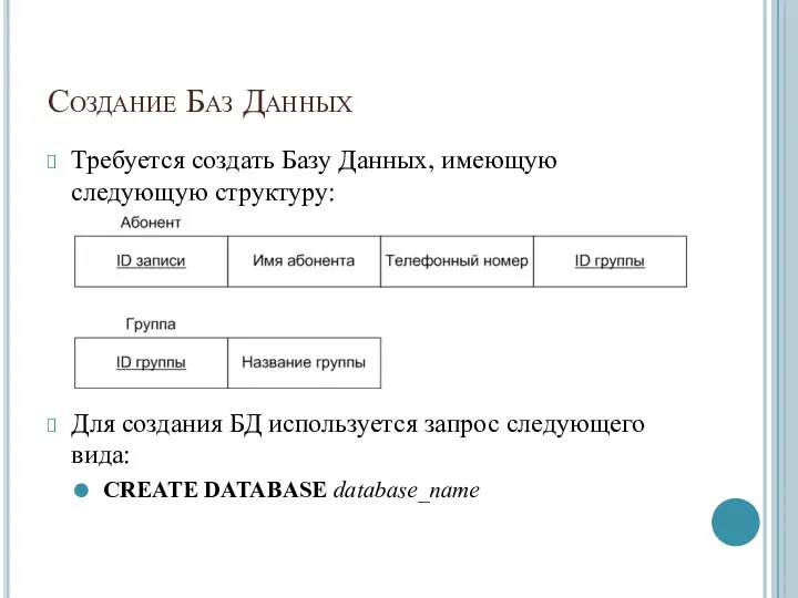 Создание Баз Данных Требуется создать Базу Данных, имеющую следующую структуру: Для